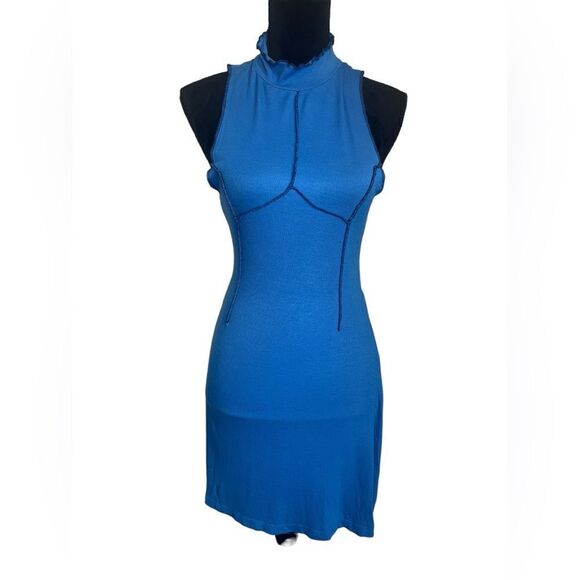 URBAN OUTFITTERS BLUE RIBBED HIGH NECK DRESS WOMENS SIZE MEDIUM SLEEVELESS - Picture 2 of 10